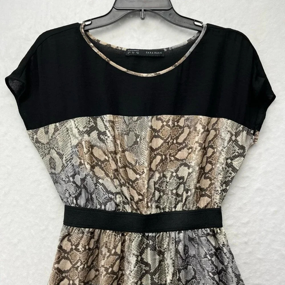 Zara Basic Dress Women's M Brown Black Snake Print Round Neck Elastic Waist Mini - Picture 2 of 8